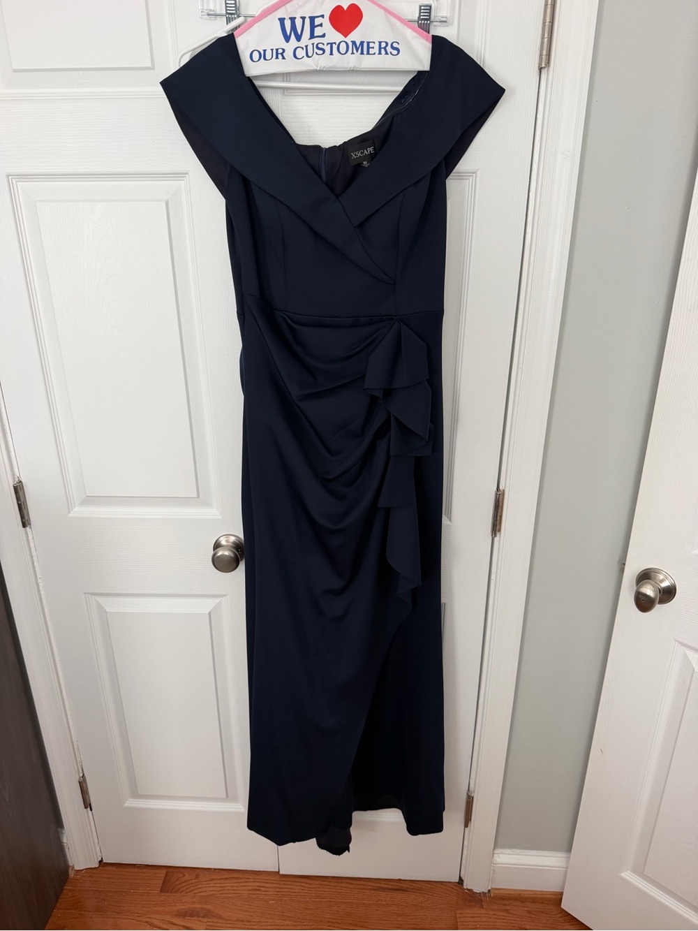 Xscape Navy Off-Shoulder Draped Maxi Dress
